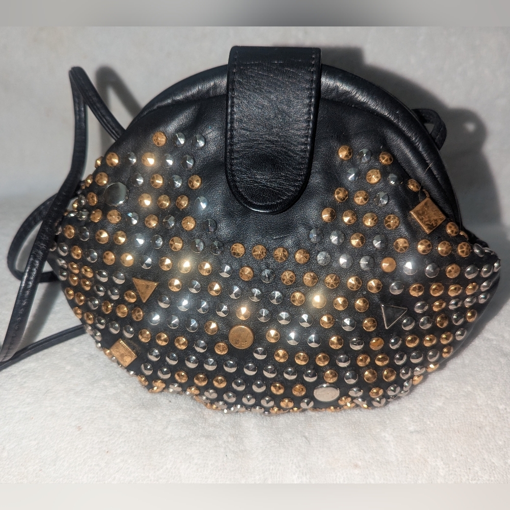Atilla Vintage Black and Gold Studded Crossbody Bag with Leather Flap